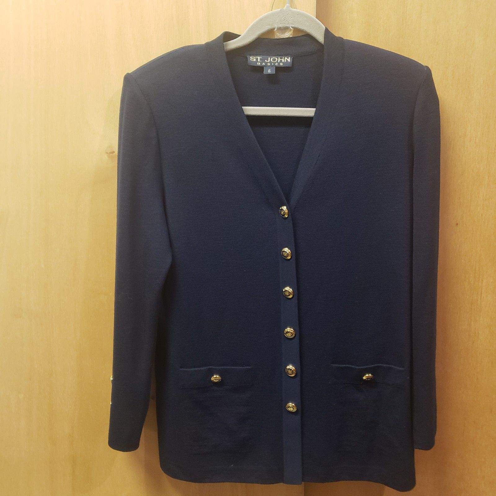St. John Basics Navy Cardigan W Shoulder Pads Gold Tone Blue Enamel Buttons Sz 6